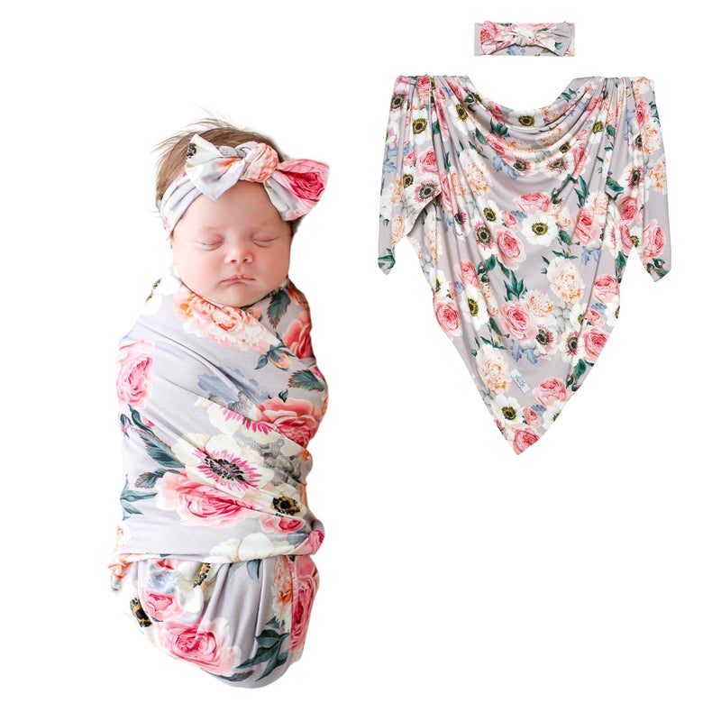 Posh Peanut Swaddle Blanket & Headband Set â€“ Viscose from Bamboo Stretchy Baby Swaddle for Newborn Girls, Receiving Blanket or Nursing Cover - Image 1